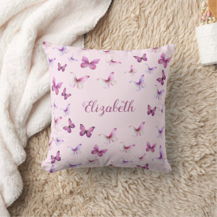 Pink Butterflies Pattern Custom Name Throw Pillow