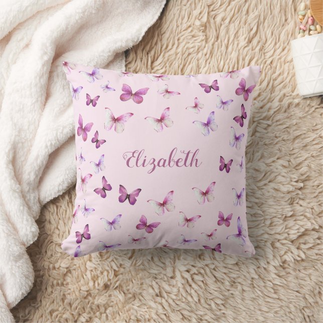 Pink Butterflies Pattern Custom Name Throw Pillow (Blanket)