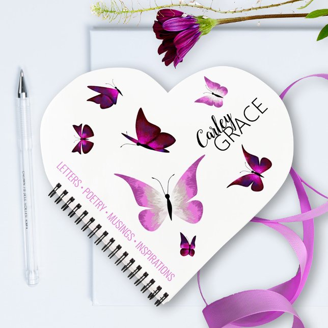 Pink Butterflies Personalized Heart Journal (cute, personalized pink violet butterfly journal, Valentine's day heart-shaped note book for girl)