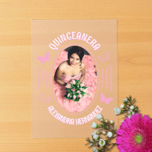 Pink Butterflies Quinceanera Acrylic Invitations