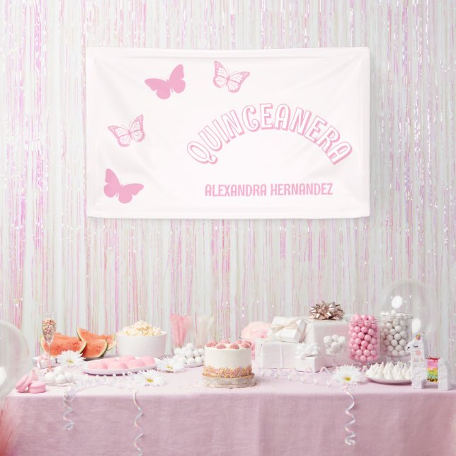 Pink Butterflies Quinceanera Banner (Party)