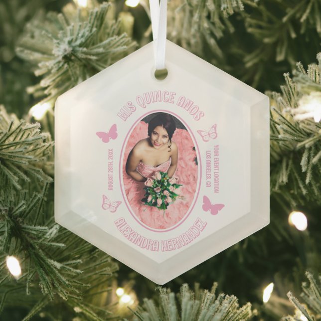 Pink Butterflies Quinceanera Glass Ornament (Insitu)
