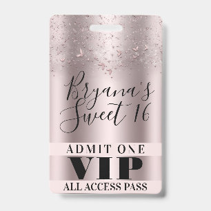 Pink Butterflies Sweet 16 Party VIP Pass Badge