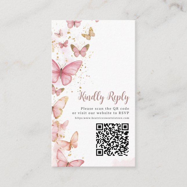 Pink Butterflies Sweet Sixteen Quinceanera QR RSVP Enclosure Card (Front)