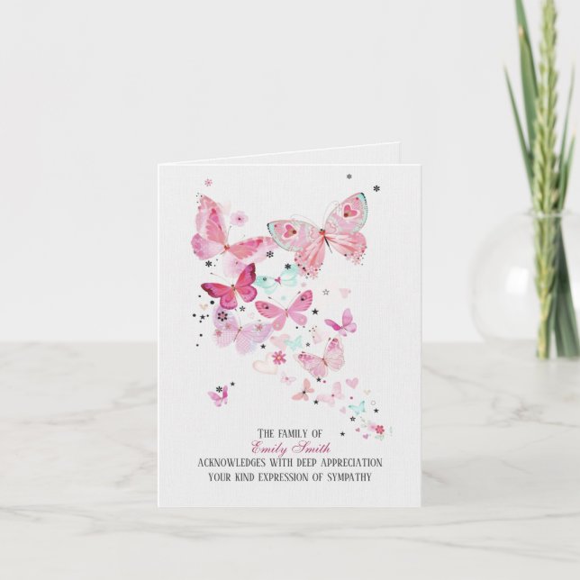 Pink Butterflies Sympathy Thank You Card (Front)