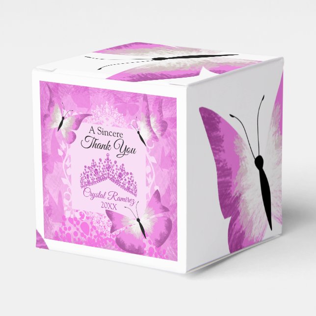 Pink Butterflies, Tiara Quinceanera Favor Box (Front Side)