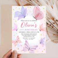 Pink Butterfly 1st Birthday Invitation