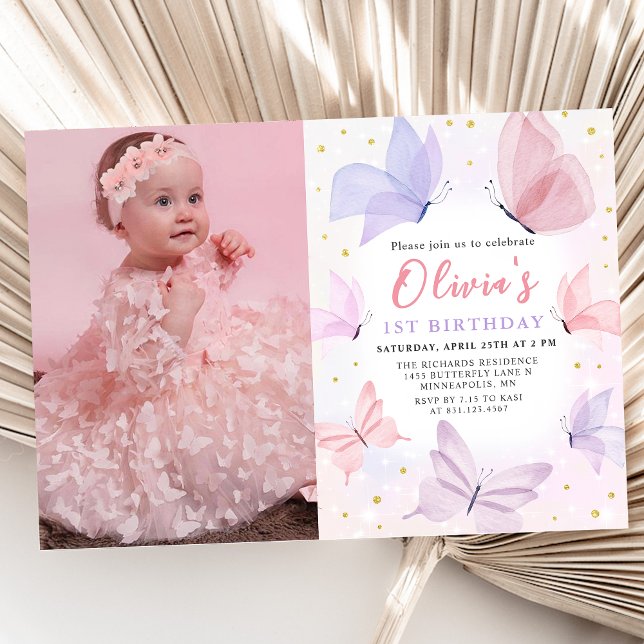 Pink Butterfly 1st Birthday Photo Invitation (Creator Uploaded)