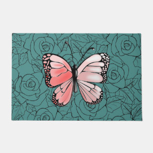 Pink Butterfly And Roses Art - Doormat