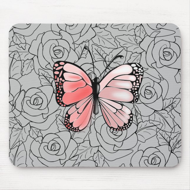 Pink Butterfly And Roses Art Mouse Pad (Front)