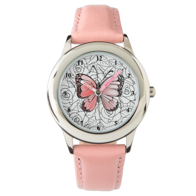 Pink Butterfly And Roses Art - Watch (Front)