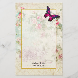 Pink Butterfly and Shabby Vintage Roses Custom Stationery
