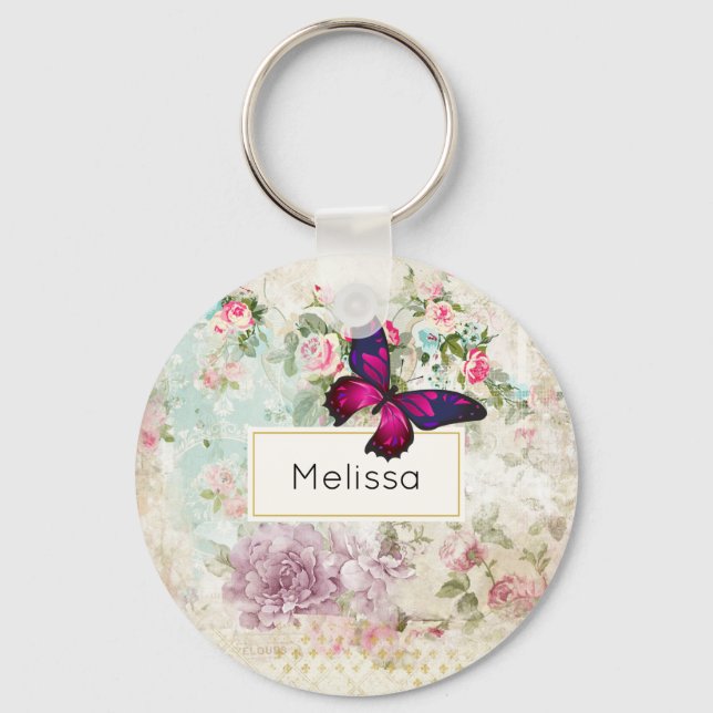 Pink Butterfly and Shabby Vintage Roses Keychain (Front)