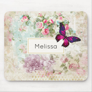 Pink Butterfly and Shabby Vintage Roses Mouse Pad