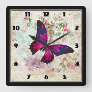 Pink Butterfly and Shabby Vintage Roses Square Wall Clock