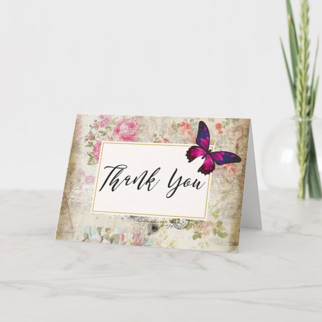 Pink Butterfly and Shabby Vintage Roses Thank You (Front)