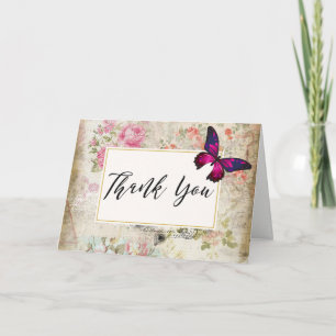 Pink Butterfly and Shabby Vintage Roses Thank You Card