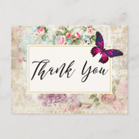 Pink Butterfly and Shabby Vintage Roses Thank You