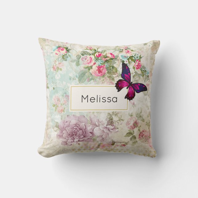 Pink Butterfly and Shabby Vintage Roses Throw Pillow (Front)