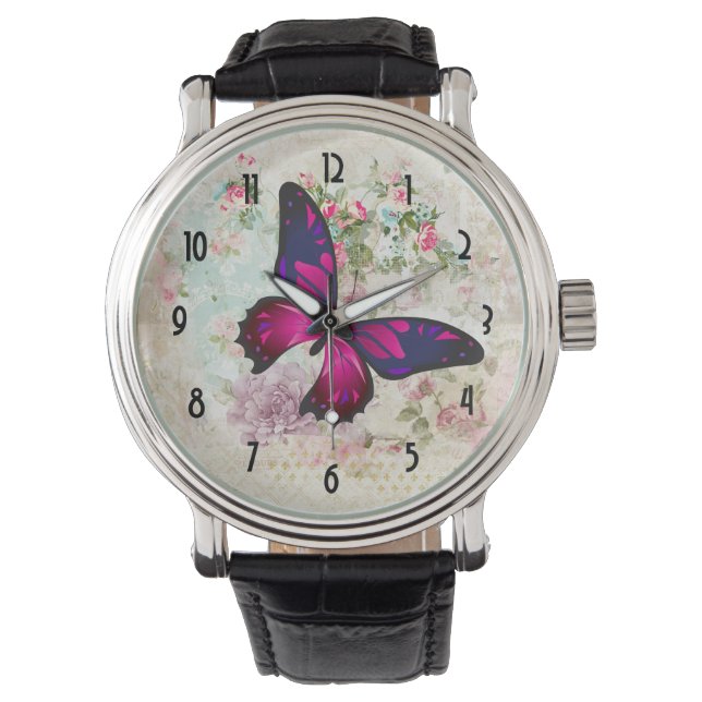 Pink Butterfly and Shabby Vintage Roses Watch (Front)