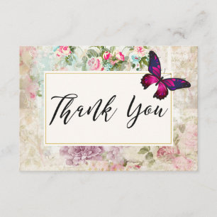 Pink Butterfly and Vintage Rose Collage Thank You Card