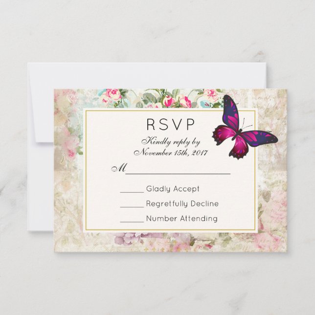 Pink Butterfly and Vintage Roses Wedding RSVP Card (Front)