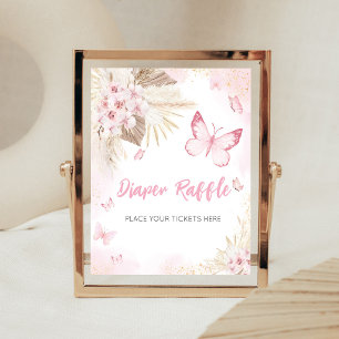 Pink Butterfly Baby Shower Diaper Raffle Sign