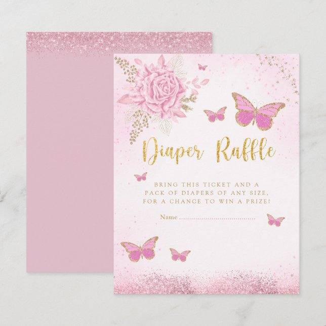 Pink Butterfly Baby Shower Diaper Raffle Ticket Invitation (Front/Back)