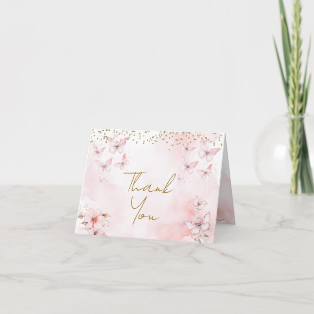 Pink Butterfly Baby Shower Folded Thank You Card (Front)