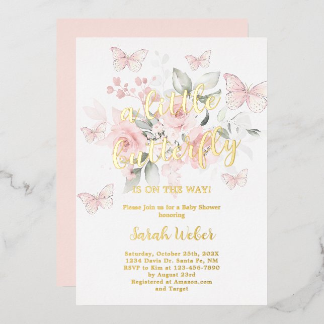 Pink Butterfly Baby Shower Girl Real Foil (Front/Back)
