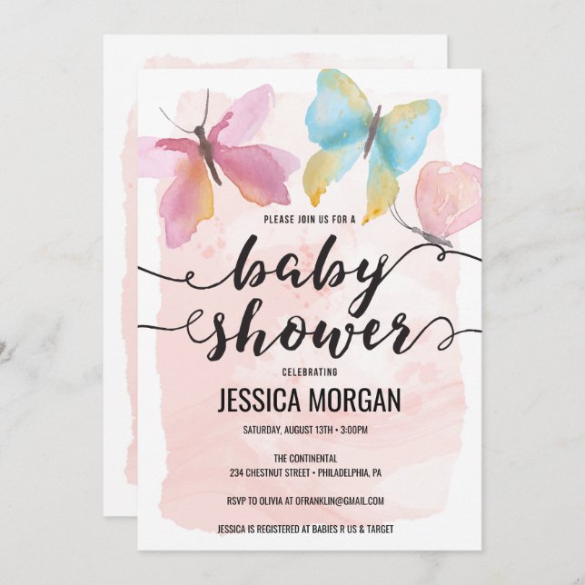 Pink Butterfly Baby Shower Invitation (Front/Back)