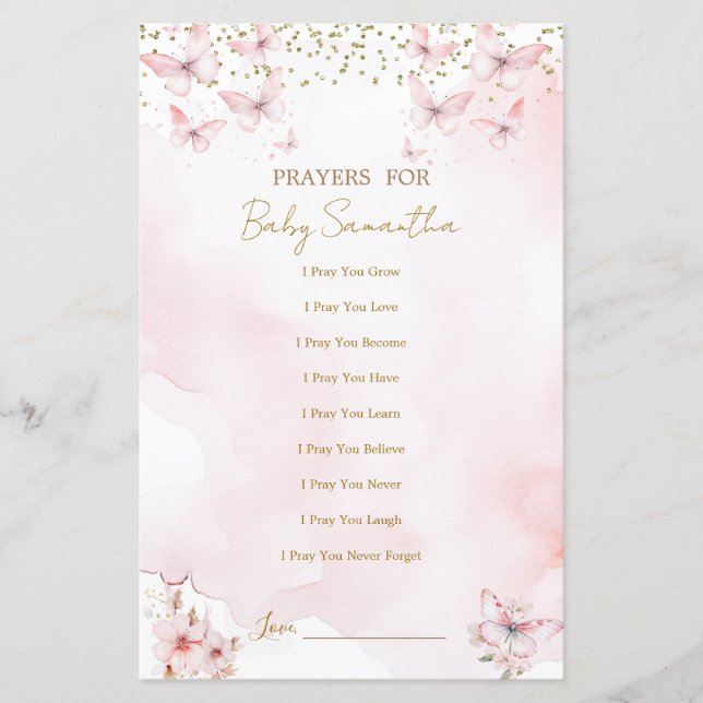 Pink Butterfly Baby Shower Prayers for Baby Game (Front)