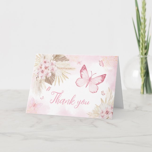 Pink Butterfly Baby Shower Thank You Card (Front)