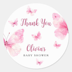 Pink Butterfly Baby Shower Thank You Classic Round Sticker