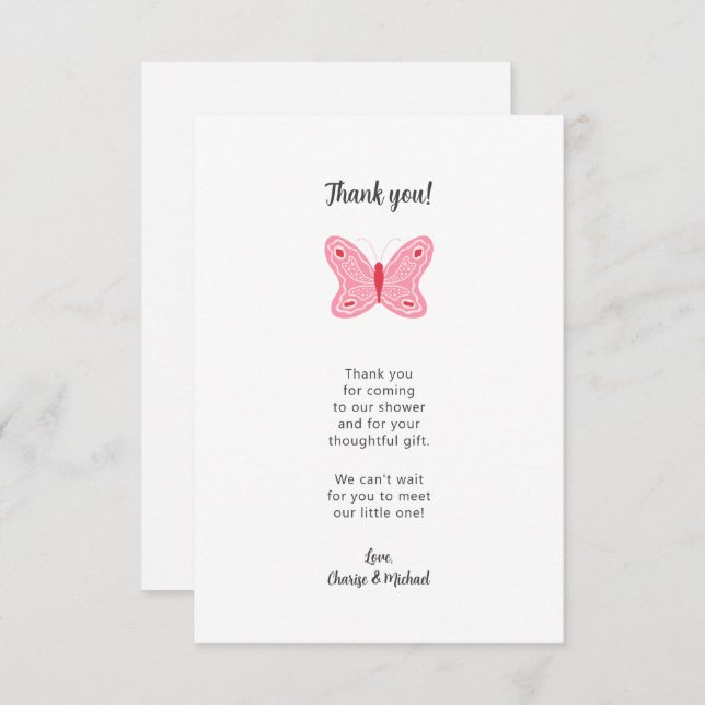 Pink Butterfly baby shower thank you note (Front/Back)