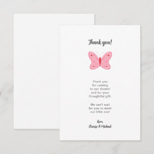 Pink Butterfly baby shower thank you note Card