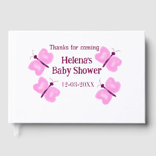Pink butterfly Baby shower watercolor add name Guest Book