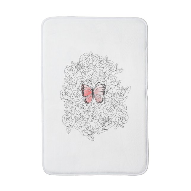 Pink Butterfly Bath Mat with Roses (Front Vertical)