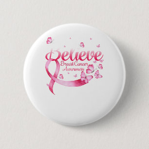 Pink Butterfly Believe Breast Cancer Awareness 2 Inch Round Button