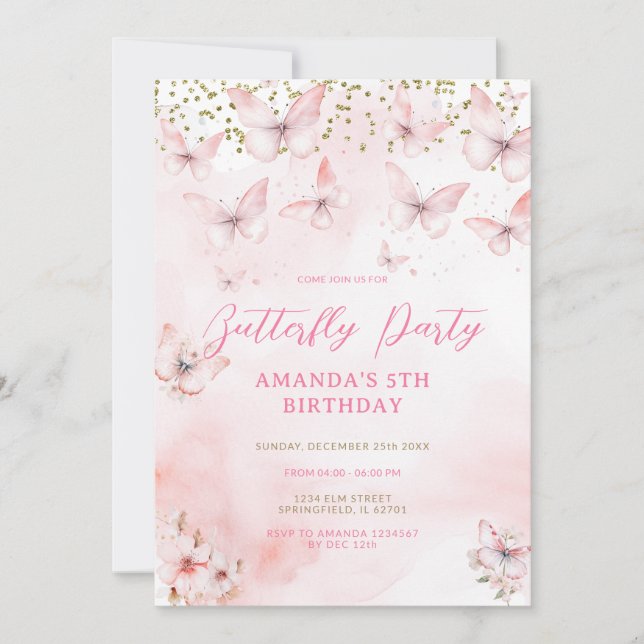 Pink Butterfly Birthday Girl Invitation  (Front)