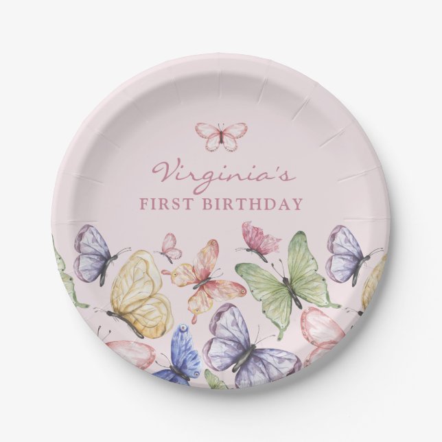 Pink Butterfly Birthday Paper Plate (Front)