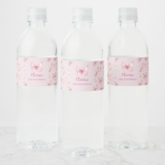 Pink Butterfly Birthday Party Water Bottle Label