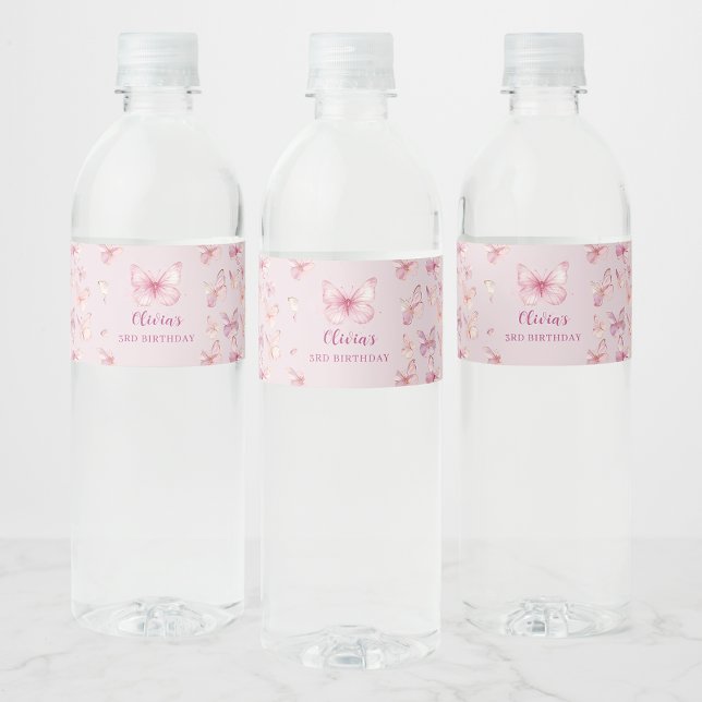 Pink Butterfly Birthday Party Water Bottle Label (Creator Uploaded)