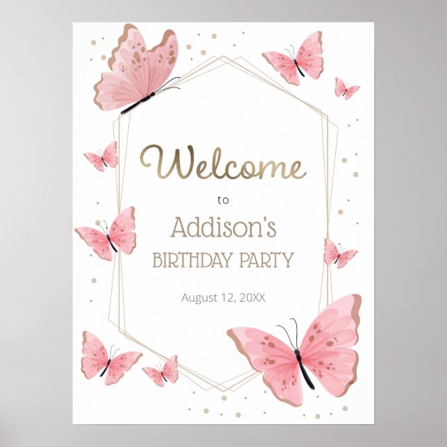Pink Butterfly Birthday Welcome Sign (Front)