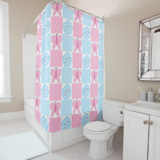 Pink Butterfly & Blue Clouds Shower Curtain