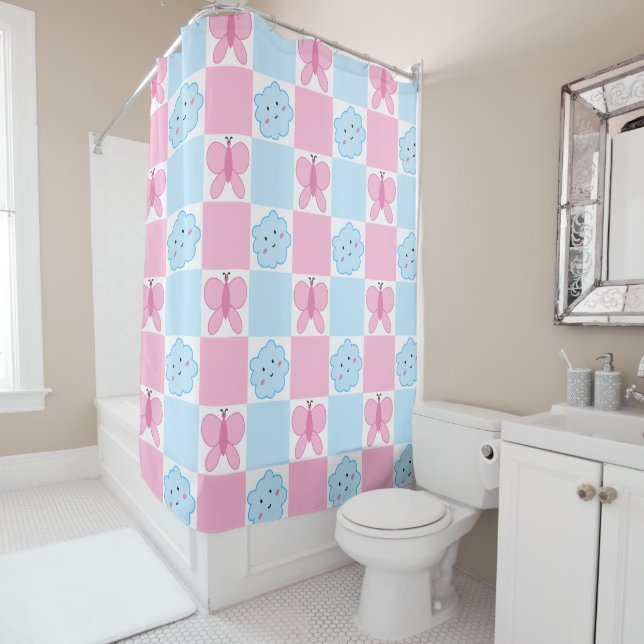 Pink Butterfly & Blue Clouds Shower Curtain  (In Situ)