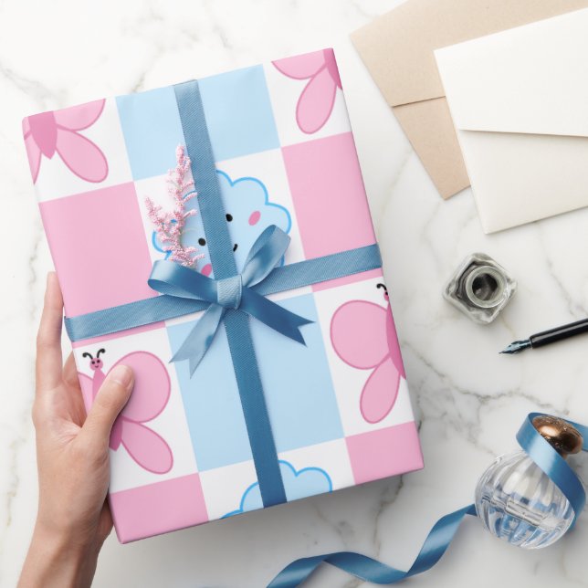 Pink Butterfly & Blue Clouds Wrapping Paper  (Gifting)