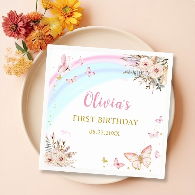 Pink Butterfly Boho Floral Birthday Party  Napkin (Creator Uploaded)