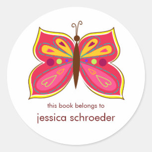 Pink Butterfly Book Plates Classic Round Sticker