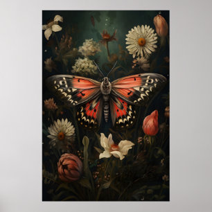 Pink Butterfly Botanical Print, Vintage Floral Poster